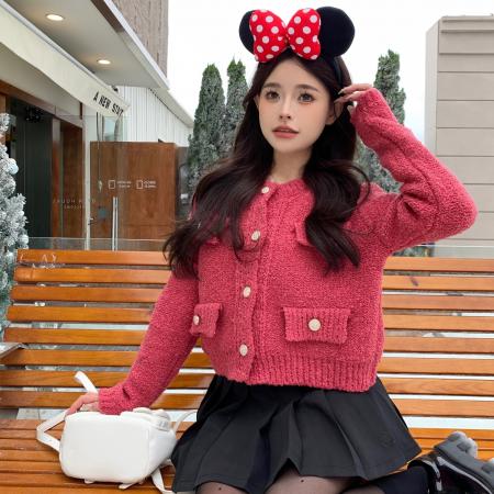 FA45610# 树莓红法式小香风开衫毛衣女新款颗粒毛毛加厚外套 服裝批發女裝批發服飾貨源