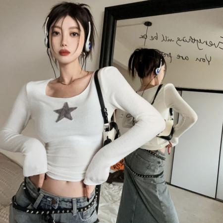 FA45611# 罗纹德绒高弹复古内搭长袖秋冬辣妹修身显瘦短款上衣潮 服裝批發女裝批發服飾貨源