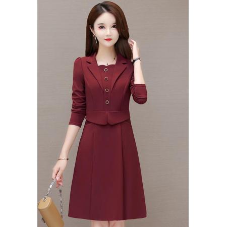 FA45614# 新款假两件长袖连衣裙女时尚洋气收腰显瘦中长款a字裙子 服裝批發女裝批發服飾貨源