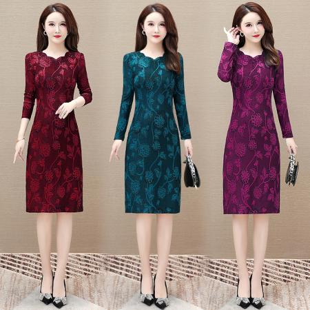 FA45615# 新款裙子女春秋气质收腰显瘦提花长袖连衣裙 服裝批發女裝批發服飾貨源