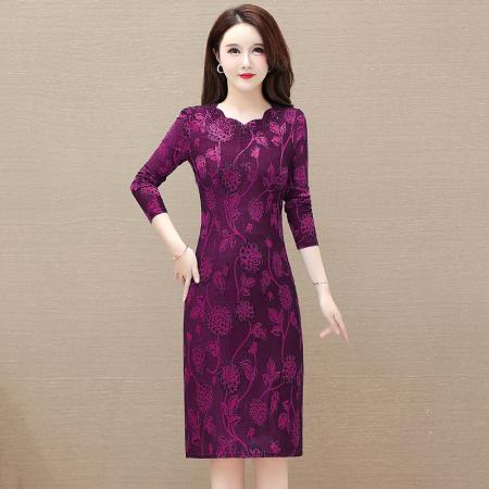 FA45615# 新款裙子女春秋气质收腰显瘦提花长袖连衣裙 服裝批發女裝批發服飾貨源