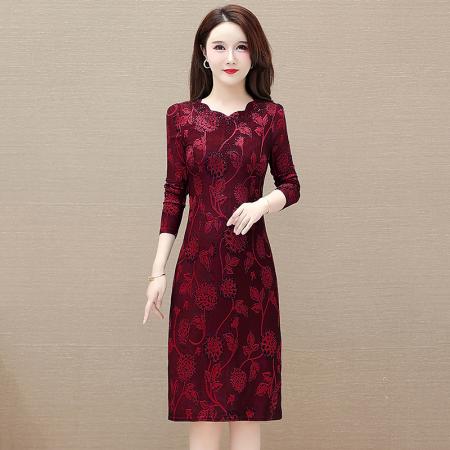 FA45615# 新款裙子女春秋气质收腰显瘦提花长袖连衣裙 服裝批發女裝批發服飾貨源