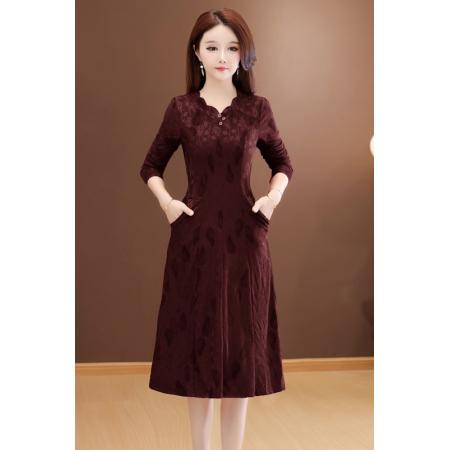 FA45616# 春秋新款连衣裙时尚洋气质提花长袖过膝中长款裙子 服裝批發女裝批發服飾貨源