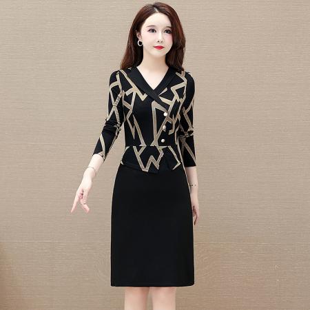 FA45619# 假两件长袖连衣裙女春季新款气质收腰减龄西装领裙子 服裝批發女裝批發服飾貨源