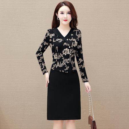 FA45619# 假两件长袖连衣裙女春季新款气质收腰减龄西装领裙子 服裝批發女裝批發服飾貨源