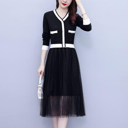 FA45621# 新款轻熟风女装百褶网纱时尚拼接v领针织收腰假两件连衣裙 服裝批發女裝批發服飾貨源