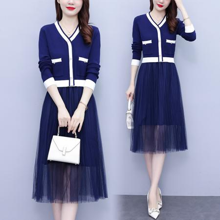 FA45621# 新款轻熟风女装百褶网纱时尚拼接v领针织收腰假两件连衣裙 服裝批發女裝批發服飾貨源