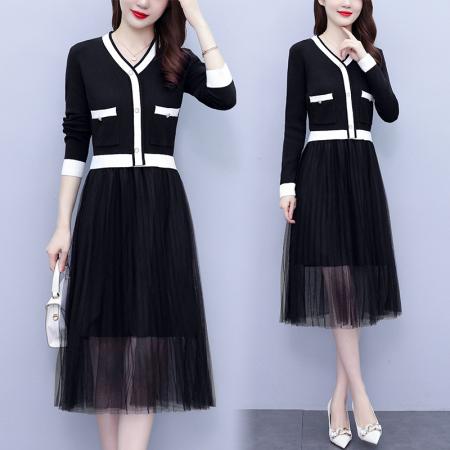 FA45621# 新款轻熟风女装百褶网纱时尚拼接v领针织收腰假两件连衣裙 服裝批發女裝批發服飾貨源