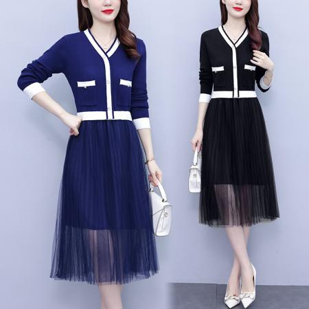 FA45621# 新款轻熟风女装百褶网纱时尚拼接v领针织收腰假两件连衣裙 服裝批發女裝批發服飾貨源