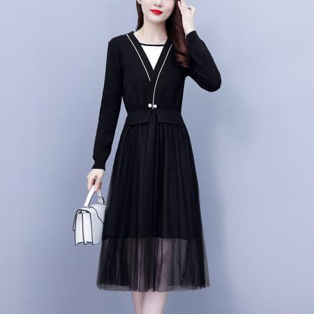 FA45622# 秋冬新款时尚轻熟风女装百褶网纱拼接v领针织收腰假两件连 服裝批發女裝批發服飾貨源