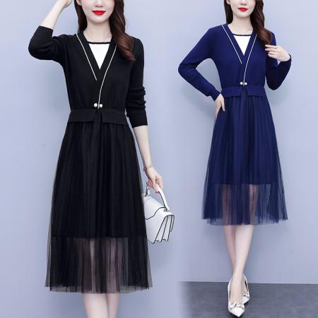 FA45622# 秋冬新款时尚轻熟风女装百褶网纱拼接v领针织收腰假两件连 服裝批發女裝批發服飾貨源