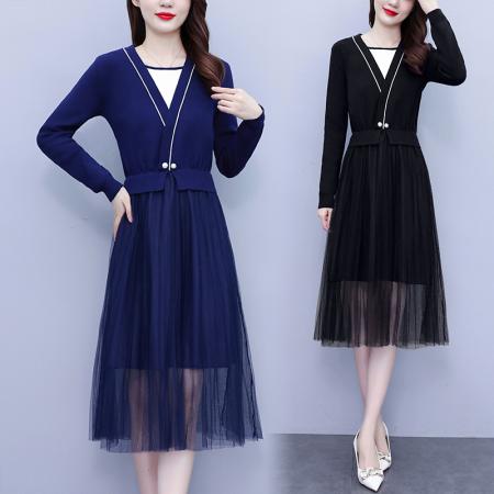 FA45622# 秋冬新款时尚轻熟风女装百褶网纱拼接v领针织收腰假两件连 服裝批發女裝批發服飾貨源