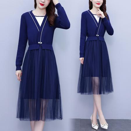 FA45622# 秋冬新款时尚轻熟风女装百褶网纱拼接v领针织收腰假两件连 服裝批發女裝批發服飾貨源