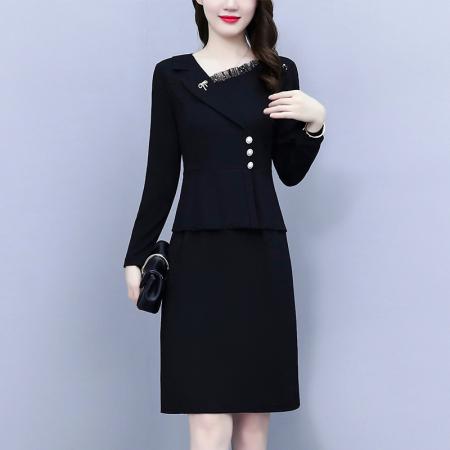 FA45623# 秋新款简约洋气亮片拼接西装领开叉包臀气质显瘦裙子 服裝批發女裝批發服飾貨源