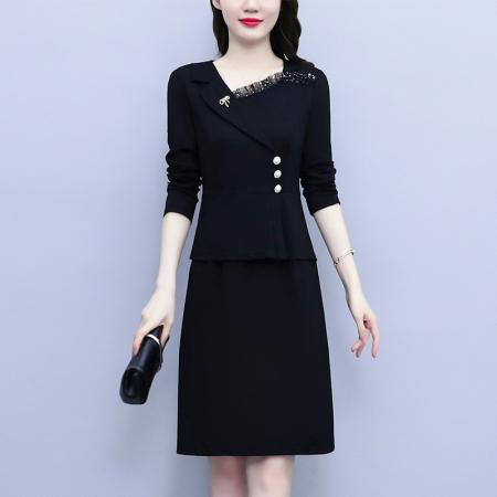 FA45623# 秋新款简约洋气亮片拼接西装领开叉包臀气质显瘦裙子 服裝批發女裝批發服飾貨源