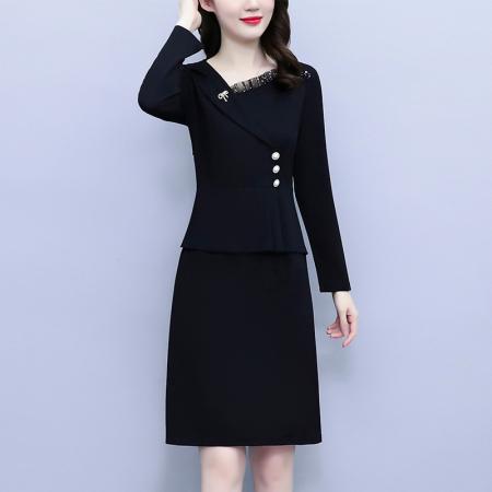 FA45623# 秋新款简约洋气亮片拼接西装领开叉包臀气质显瘦裙子 服裝批發女裝批發服飾貨源