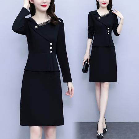 FA45623# 秋新款简约洋气亮片拼接西装领开叉包臀气质显瘦裙子 服裝批發女裝批發服飾貨源