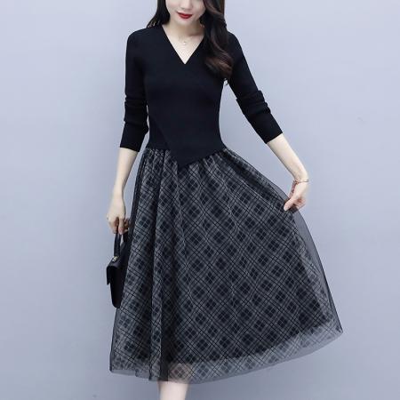 FA45624# 黑色毛衣连衣裙女长袖网纱秋季新款显瘦气质中长款裙子 服裝批發女裝批發服飾貨源