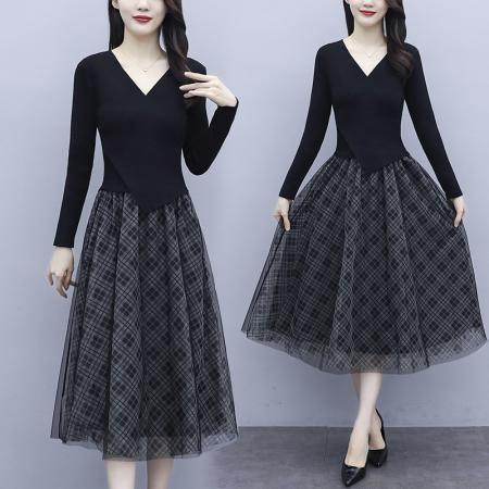 FA45624# 黑色毛衣连衣裙女长袖网纱秋季新款显瘦气质中长款裙子 服裝批發女裝批發服飾貨源