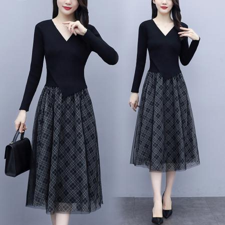 FA45624# 黑色毛衣连衣裙女长袖网纱秋季新款显瘦气质中长款裙子 服裝批發女裝批發服飾貨源