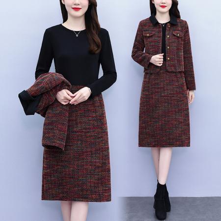 FA45626# 小香风复古套装时尚显瘦新款洋气大码女装两件套优雅有内衬 服裝批發女裝批發服飾貨源