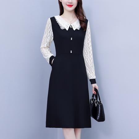 FA45627# 名媛范刺绣领口秋季新款大码气质显瘦蕾丝拼接连衣裙 服裝批發女裝批發服飾貨源