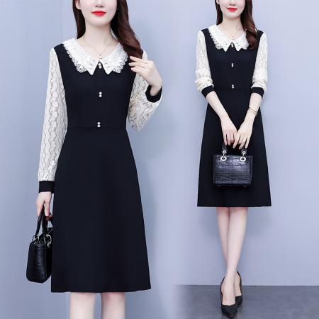FA45627# 名媛范刺绣领口秋季新款大码气质显瘦蕾丝拼接连衣裙 服裝批發女裝批發服飾貨源