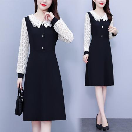 FA45627# 名媛范刺绣领口秋季新款大码气质显瘦蕾丝拼接连衣裙 服裝批發女裝批發服飾貨源
