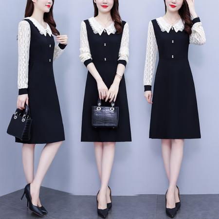FA45627# 名媛范刺绣领口秋季新款大码气质显瘦蕾丝拼接连衣裙 服裝批發女裝批發服飾貨源