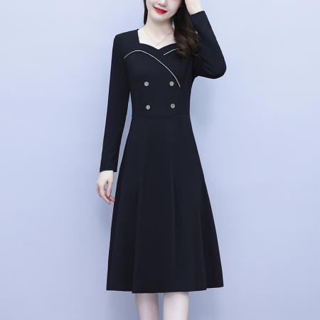 FA45628# 秋季大码女装胖mm黑色长袖收腰显瘦遮肚连衣裙时尚洋气 服裝批發女裝批發服飾貨源