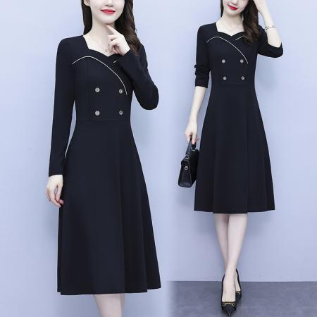 FA45628# 秋季大码女装胖mm黑色长袖收腰显瘦遮肚连衣裙时尚洋气 服裝批發女裝批發服飾貨源