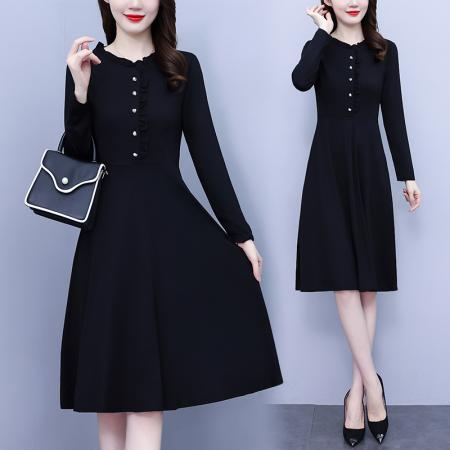 FA45629# 秋季大码女装胖mm黑色长袖收腰显瘦遮肚连衣裙外穿时尚洋气 服裝批發女裝批發服飾貨源