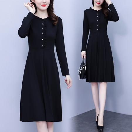 FA45629# 秋季大码女装胖mm黑色长袖收腰显瘦遮肚连衣裙外穿时尚洋气 服裝批發女裝批發服飾貨源