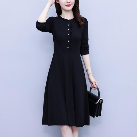 FA45629# 秋季大码女装胖mm黑色长袖收腰显瘦遮肚连衣裙外穿时尚洋气 服裝批發女裝批發服飾貨源