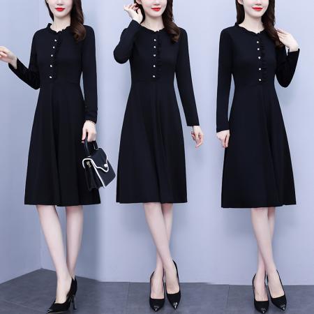FA45629# 秋季大码女装胖mm黑色长袖收腰显瘦遮肚连衣裙外穿时尚洋气 服裝批發女裝批發服飾貨源