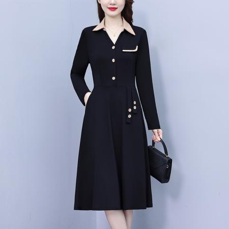 FA45630# 新款大码女装胖mm气质修身拼色遮肚中长款长袖连衣裙 服裝批發女裝批發服飾貨源