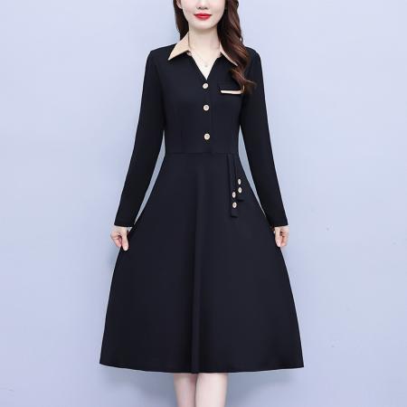 FA45630# 新款大码女装胖mm气质修身拼色遮肚中长款长袖连衣裙 服裝批發女裝批發服飾貨源
