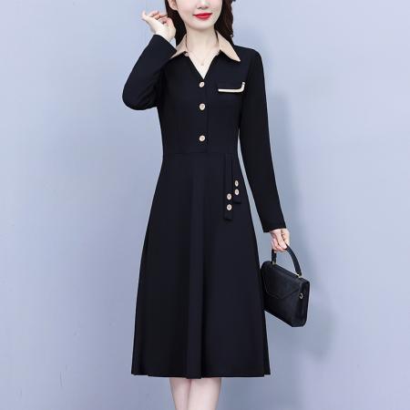 FA45630# 新款大码女装胖mm气质修身拼色遮肚中长款长袖连衣裙 服裝批發女裝批發服飾貨源