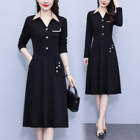 FA45630# 新款大码女装胖mm气质修身拼色遮肚中长款长袖连衣裙 服裝批發女裝批發服飾貨源