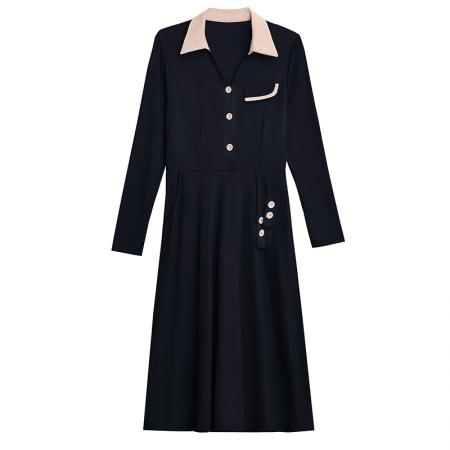 FA45630# 新款大码女装胖mm气质修身拼色遮肚中长款长袖连衣裙 服裝批發女裝批發服飾貨源