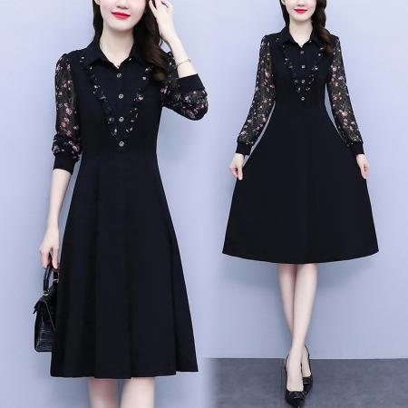 FA45631# 秋季大码女装胖mm雪纺碎花长袖修身显瘦遮肚子连衣裙 服裝批發女裝批發服飾貨源