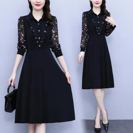 FA45631# 秋季大码女装胖mm雪纺碎花长袖修身显瘦遮肚子连衣裙 服裝批發女裝批發服飾貨源