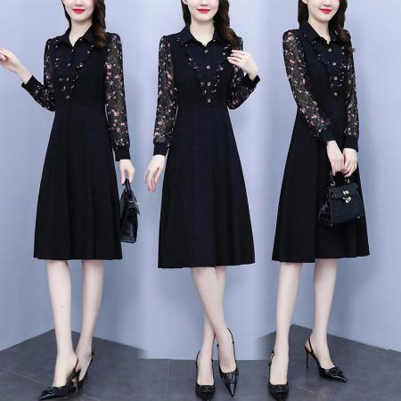 FA45631# 秋季大码女装胖mm雪纺碎花长袖修身显瘦遮肚子连衣裙 服裝批發女裝批發服飾貨源