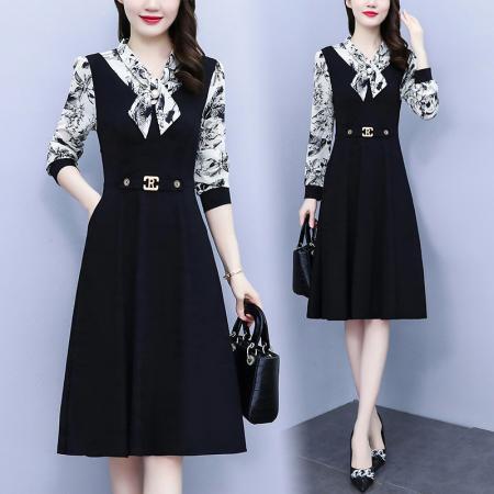 FA45632# 新款胖MM长袖蝴蝶结领印花拼接气质优雅显瘦A字裙 服裝批發女裝批發服飾貨源