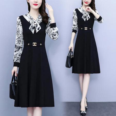 FA45632# 新款胖MM长袖蝴蝶结领印花拼接气质优雅显瘦A字裙 服裝批發女裝批發服飾貨源
