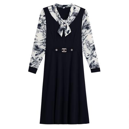 FA45632# 新款胖MM长袖蝴蝶结领印花拼接气质优雅显瘦A字裙 服裝批發女裝批發服飾貨源