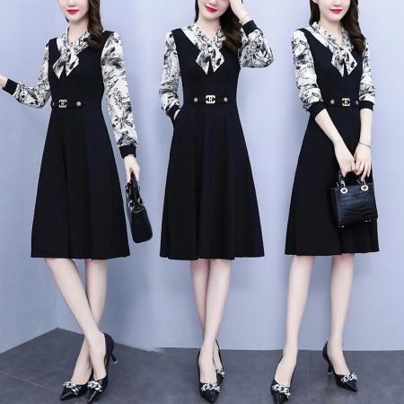 FA45632# 新款胖MM长袖蝴蝶结领印花拼接气质优雅显瘦A字裙 服裝批發女裝批發服飾貨源