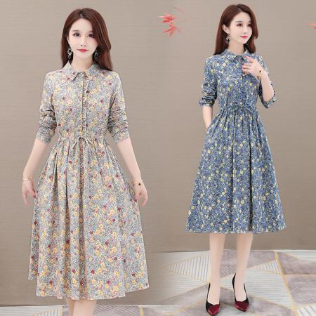 FA45639# 中长裙碎花裙棉麻连衣裙春秋收腰长袖气质显瘦裙子a字裙 服裝批發女裝批發服飾貨源