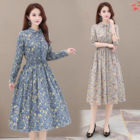 FA45639# 中长裙碎花裙棉麻连衣裙春秋收腰长袖气质显瘦裙子a字裙 服裝批發女裝批發服飾貨源