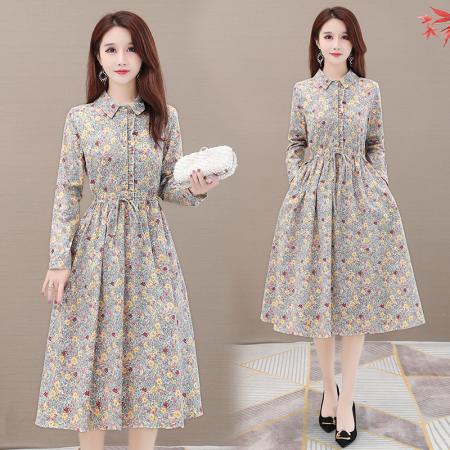 FA45639# 中长裙碎花裙棉麻连衣裙春秋收腰长袖气质显瘦裙子a字裙 服裝批發女裝批發服飾貨源